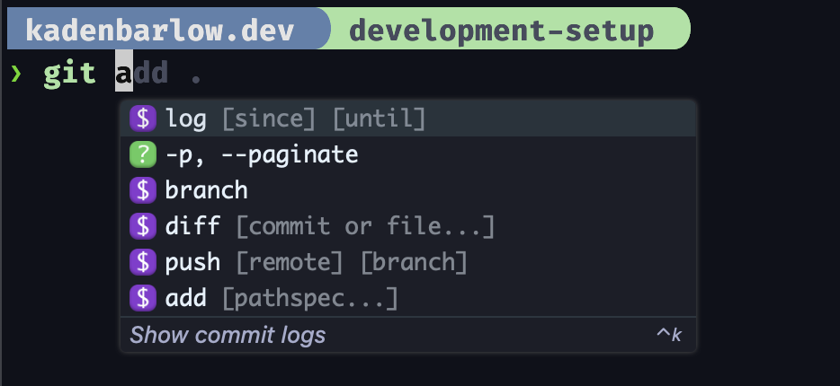 Example intellisense-like completion for git command